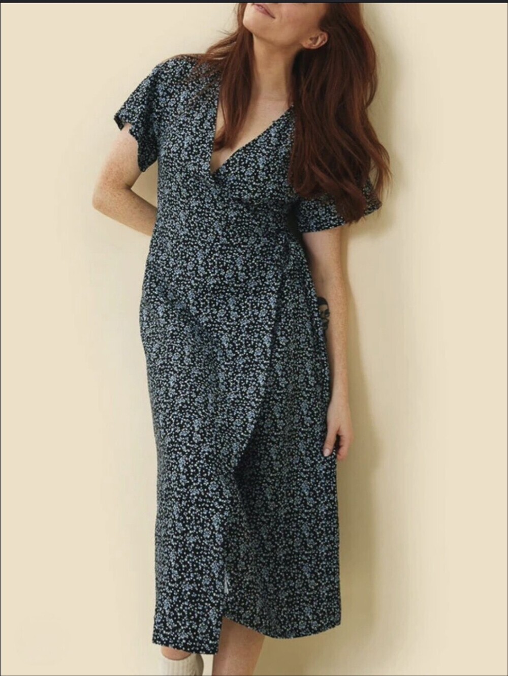 Rachel Devon Meadow Floral Wrap Midi Dress Blue Black XL Boho